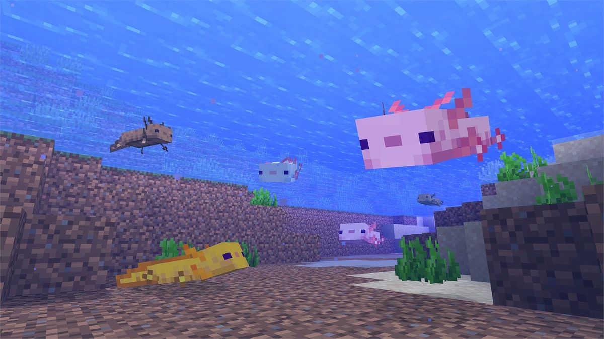 Minecraft 1.17 features - axolotls swimming in a river