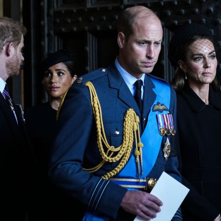 rince William, Prince of Wales with Catherine, Princess of Wales and Prince Harry with Meghan, Duchess of Sussex leave after escorting the coffin of Queen Elizabeth II to Westminster Hall from Buckingham Palace for her lying in state, on September 14, 2022 in London, United Kingdom. Queen Elizabeth II's coffin is taken in procession on a Gun Carriage of The King's Troop Royal Horse Artillery from Buckingham Palace to Westminster Hall where she will lay in state until the early morning of her funeral. Queen Elizabeth II died at Balmoral Castle in Scotland on September 8, 2022, and is succeeded by her eldest son, King Charles III.