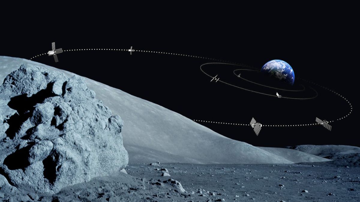 artist&#039;s impression of the lunar surface. a big boulder is in front. in the distance behind a hill you can see the earth. a timelapse shows a spacecraft leaving the hill of the moon, flying towards the earth, and then circling back again to the surface of the moon