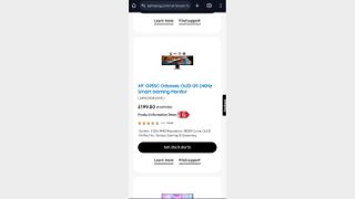 Samsung OLED G9 gaming monitor sale page on a mobile phone.