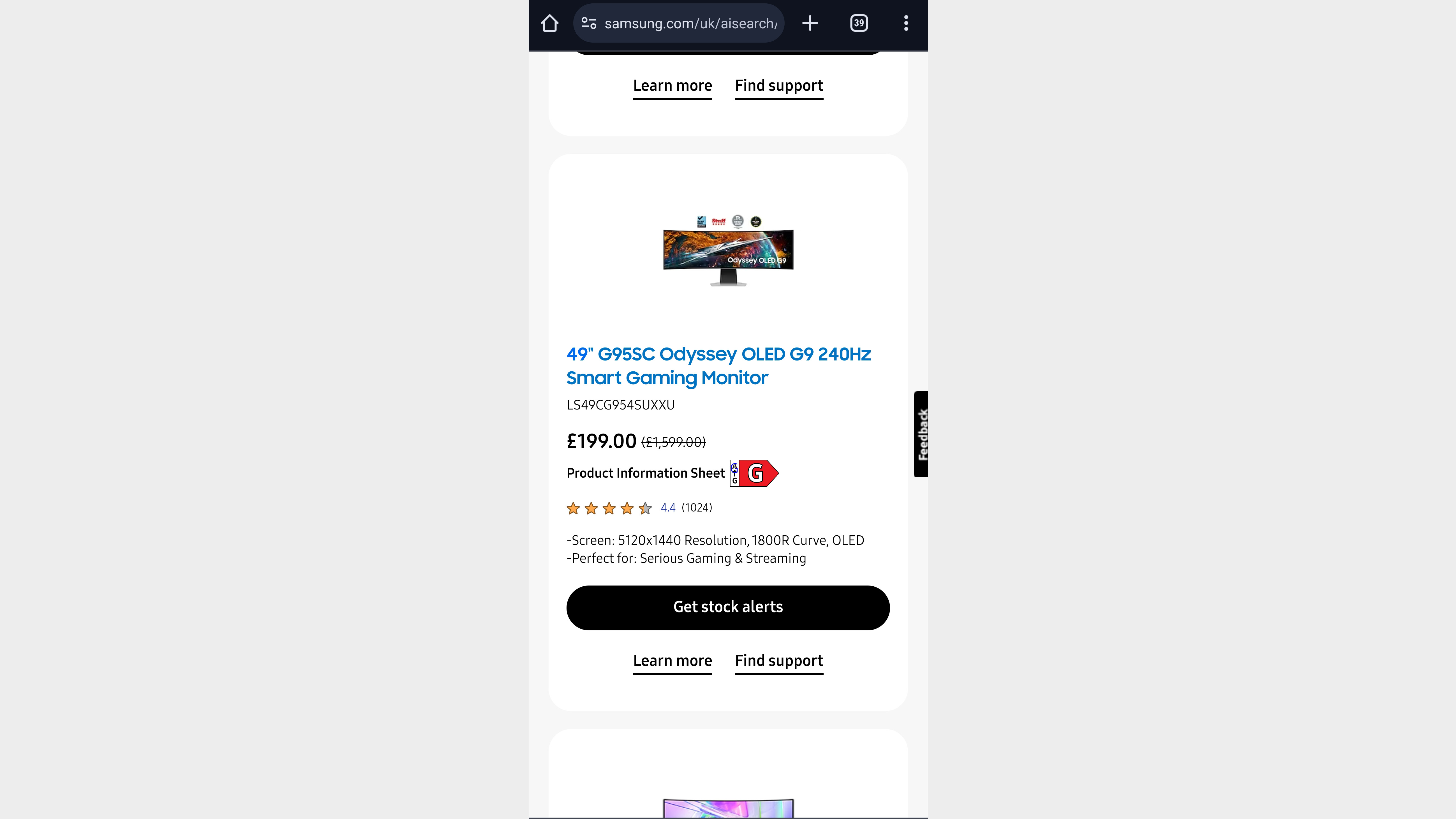 Page de vente du moniteur de jeu Samsung OLED G9 sur un téléphone mobile.