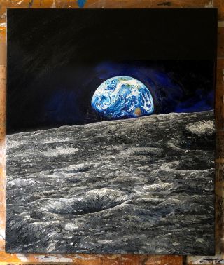 Artist Chris Calle's painting for the 50th anniversary of the Apollo 14 moon landing mission, "Touched by the Moon," depicts Earthrise using oil paints infused with the sawdust remains from a fallen Sycamore moon tree that as a seed flew to the moon aboard the 1971 mission.