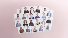portrait photos arranged in an informal grid pattern on a pink background