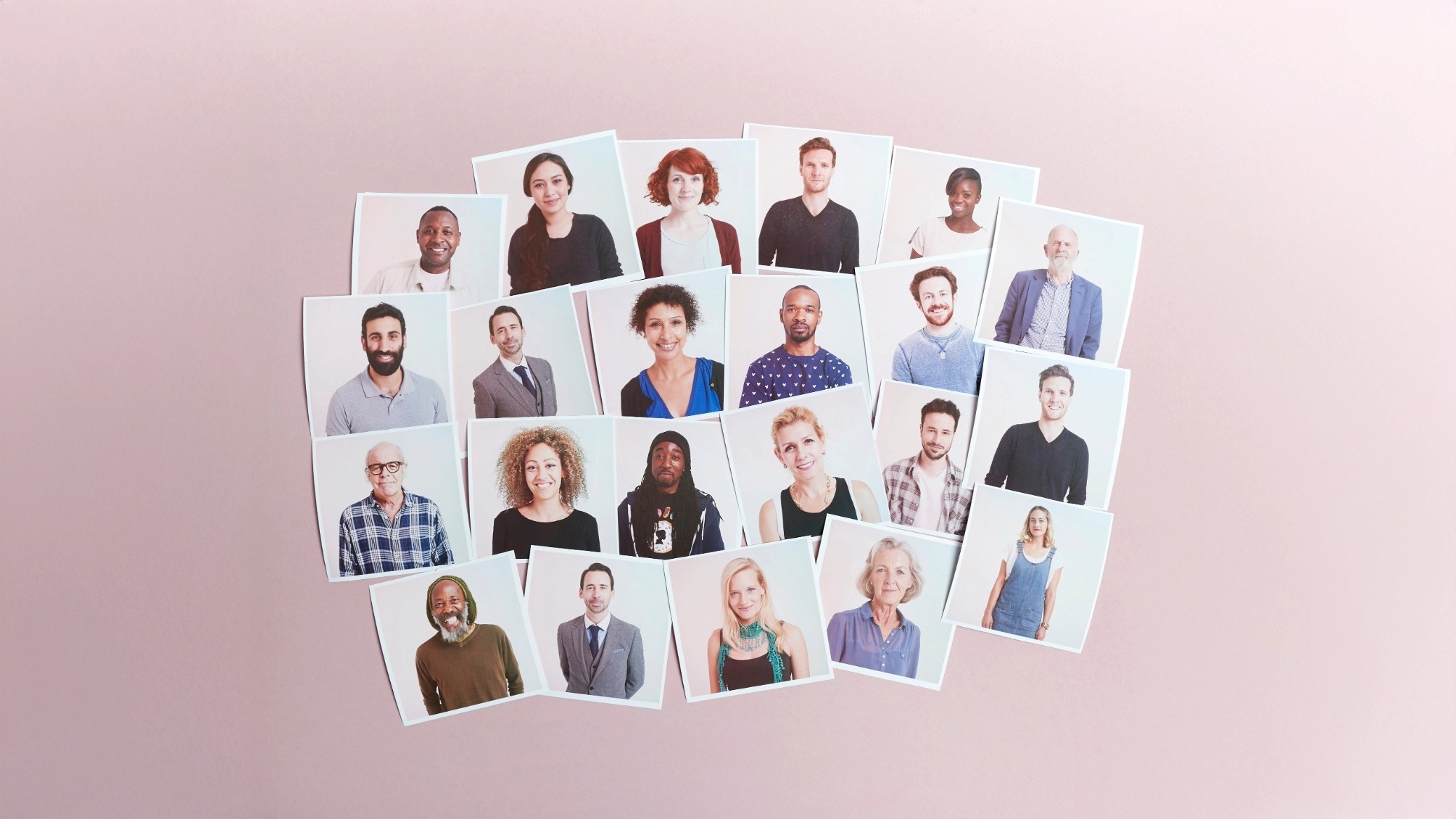 portrait photos arranged in an informal grid pattern on a pink background