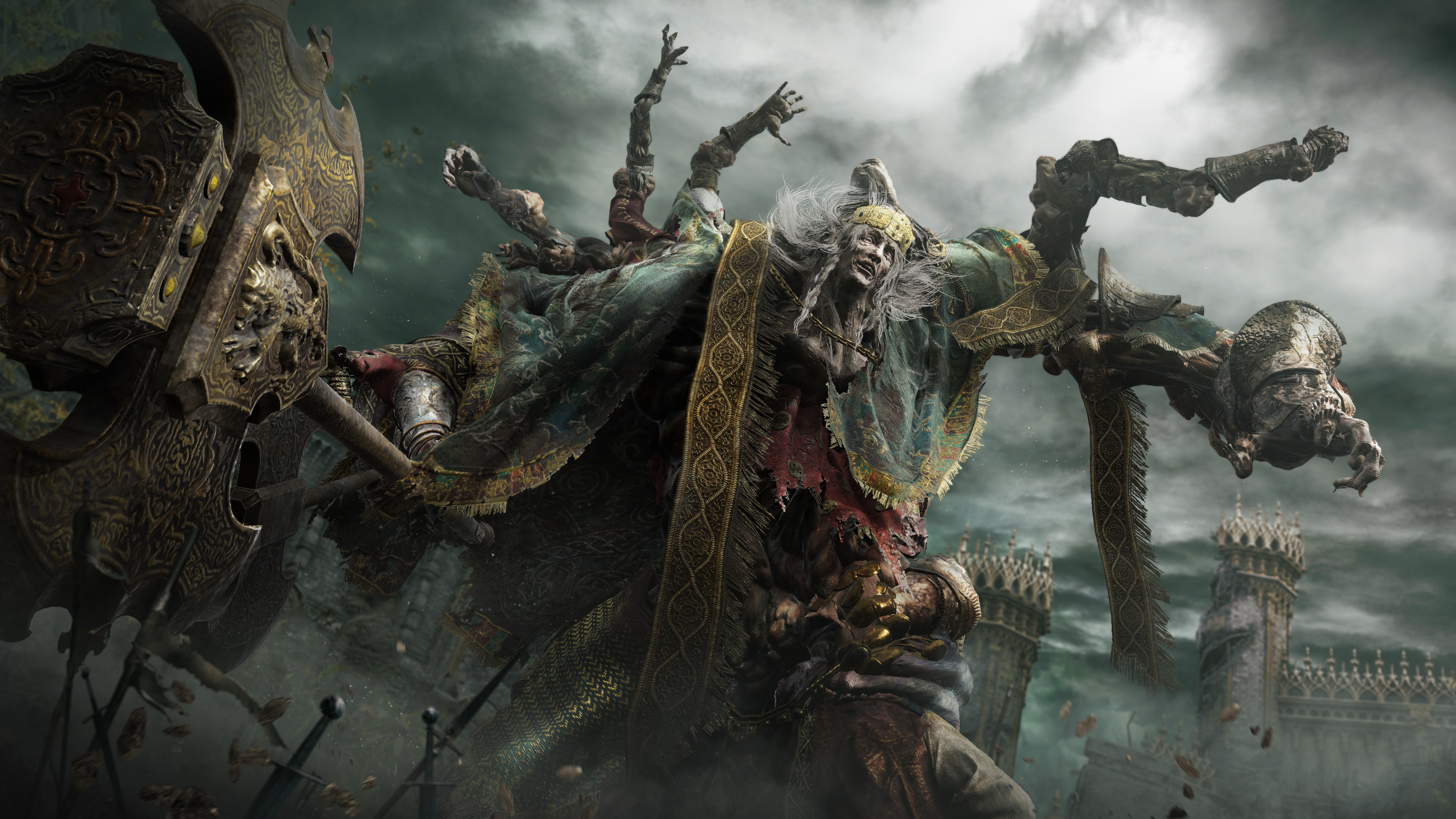 A still from the Elden Ring game showing a monstrous creature wielding a hammer