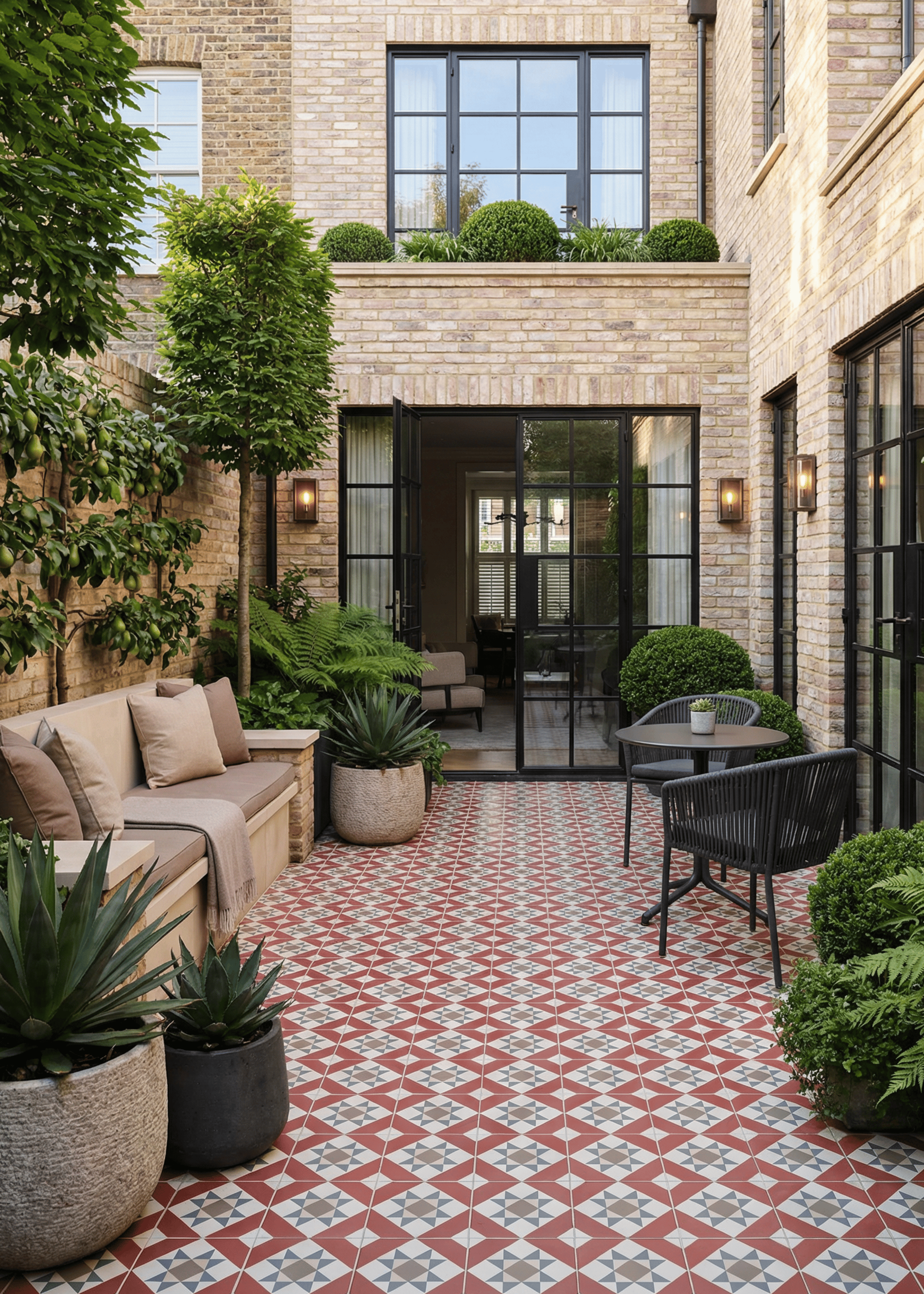 Patio paved on terraced home with Geo Cherry Tiles, wooden bench and small black table and chairs