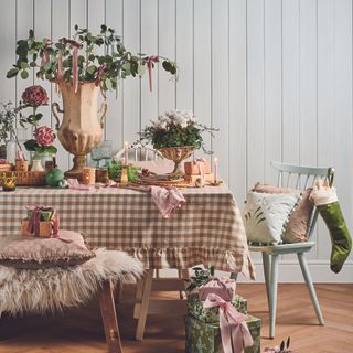 Christmas tablescape with gingham tablecloth