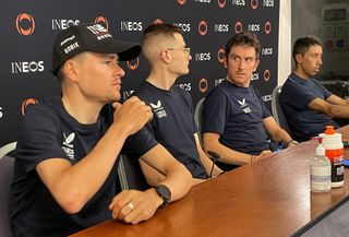 Tom Pidcock, Carlos Rodriguez, Geraint Thomas and Egan Bernal (left to right) speak at Ineos Grendiers press conference ahead of the 2024 Tour de France