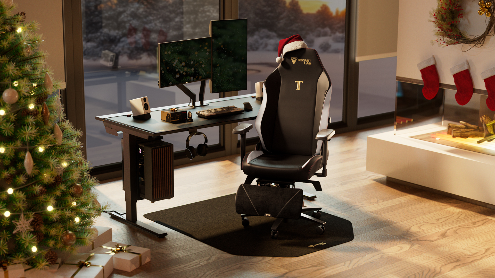 A Secretlab desk and chair at Christmas