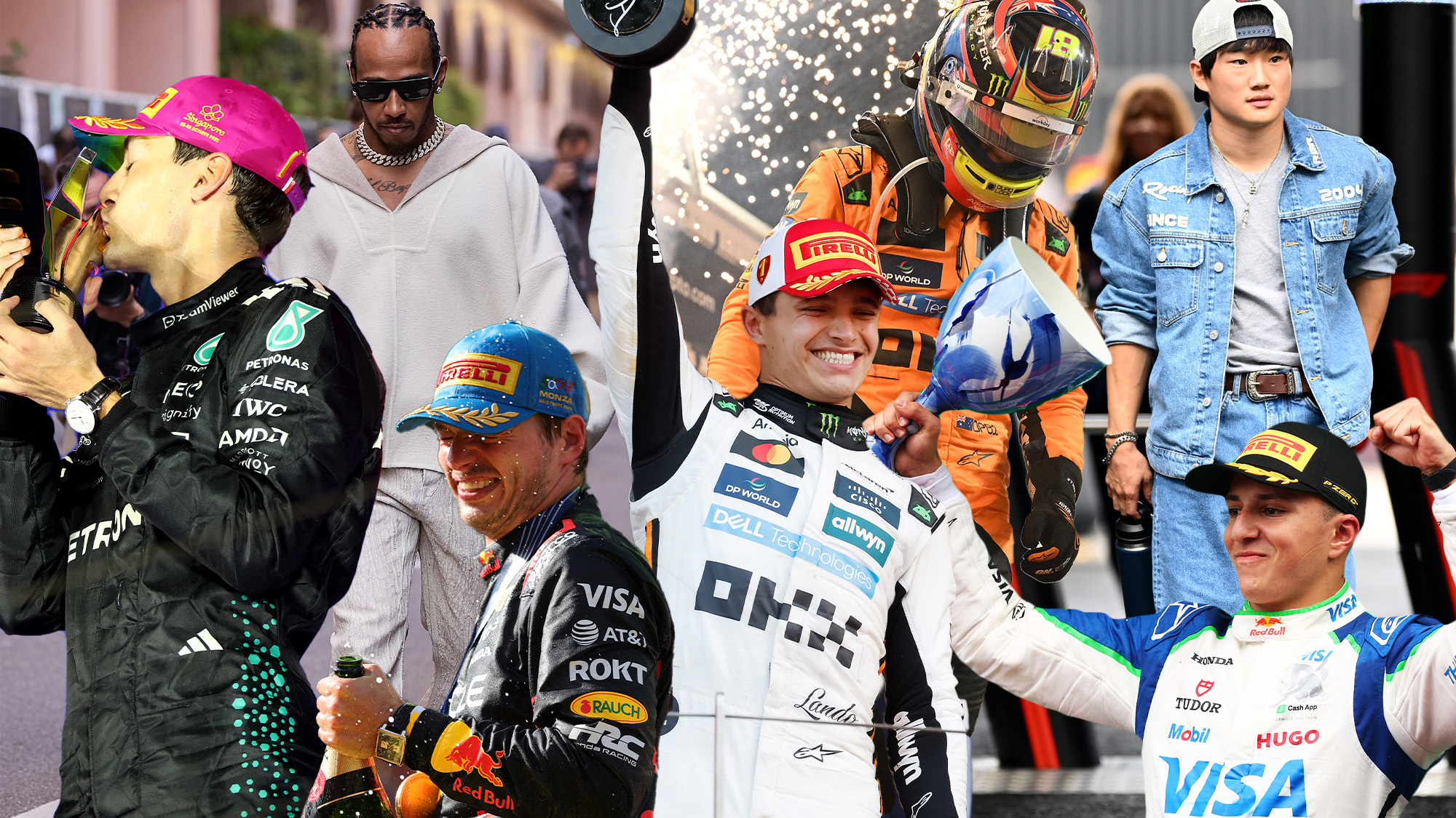 A collage featuring images of Formula One drivers during the 2025 season, including George Russell, Lewis Hamilton, Max Verstappen, Oscar Piastri, Lando Norris, Yuki Tsunoda, and Isack Hadjar. 