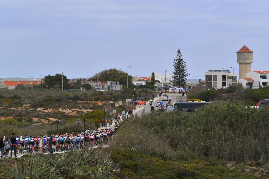 ALTO DA FIA MONCHIQUE PORTUGAL FEBRUARY 20 Start Peloton Sagres Village Landscape during the 46th Volta ao Algarve 2020 Stage 2 a 1839 km stage from Sagres Vila do Bispo to Alto da Fia 884m Monchique VAlgarve2020 on February 20 2020 in Alto da Fia Monchique Portugal Photo by Tim de WaeleGetty Images