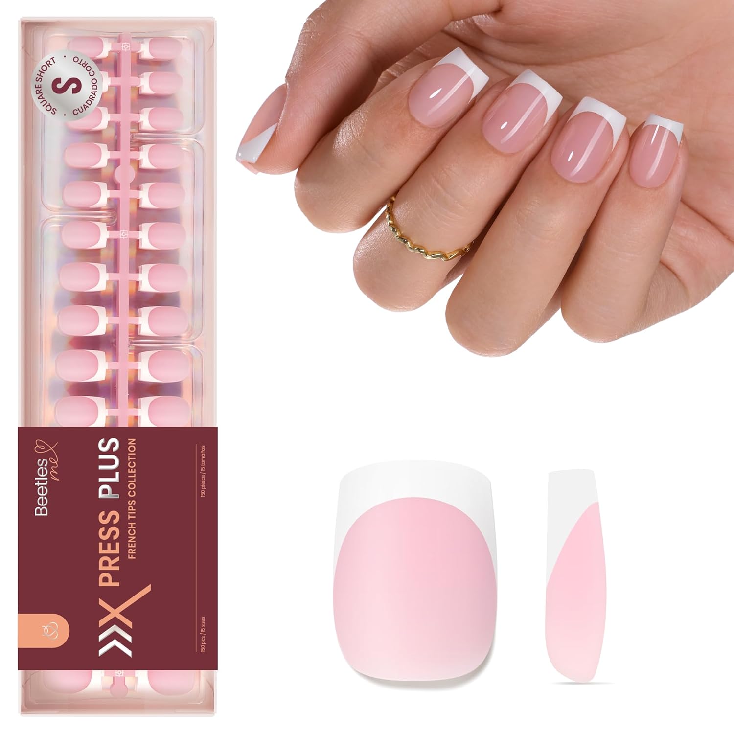 Beetles French Tip Press on Nails: 150 Pcs Pink Short Square Press on Nails 4 in 1 Nail Tips, Pre-Applied Primer &amp;amp; Base Coat, No File Need Diy Manicure for Fake Nails Extension Gifts for Women