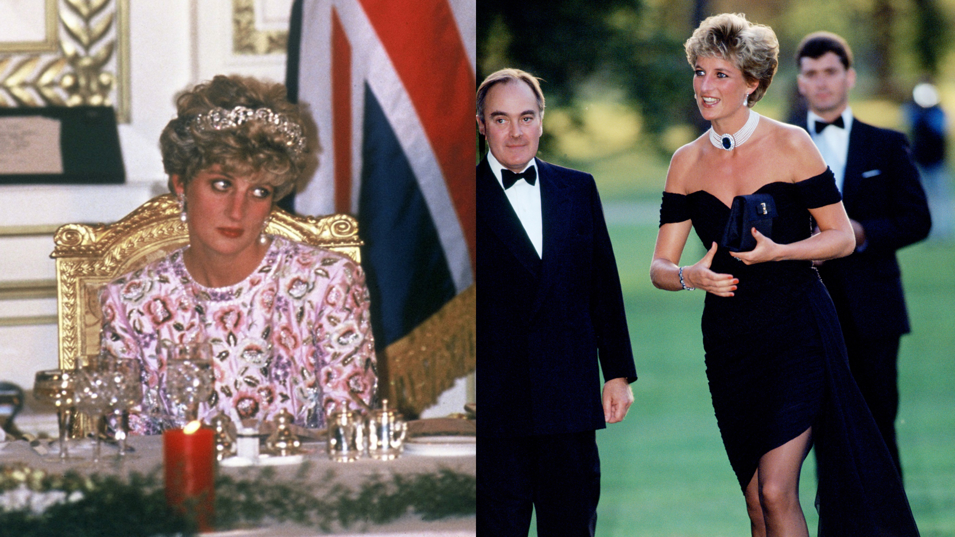 A split image of Princess Diana wearing a tiara at a banquet table and Princess Diana in her revenge dress