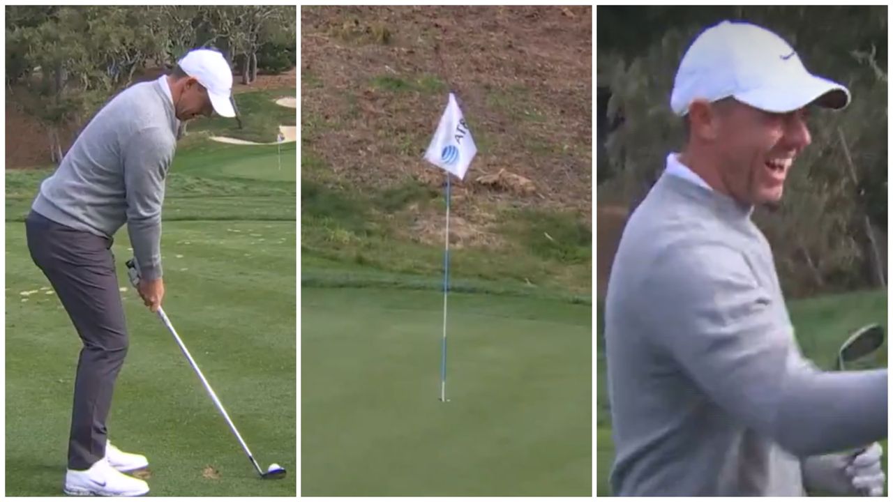 Images of Rory McIlroy hitting a hole-in-one at the Pebble Beach Pro-Am