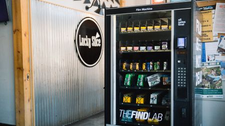 A film vending machine inside a pizza shop in Utah