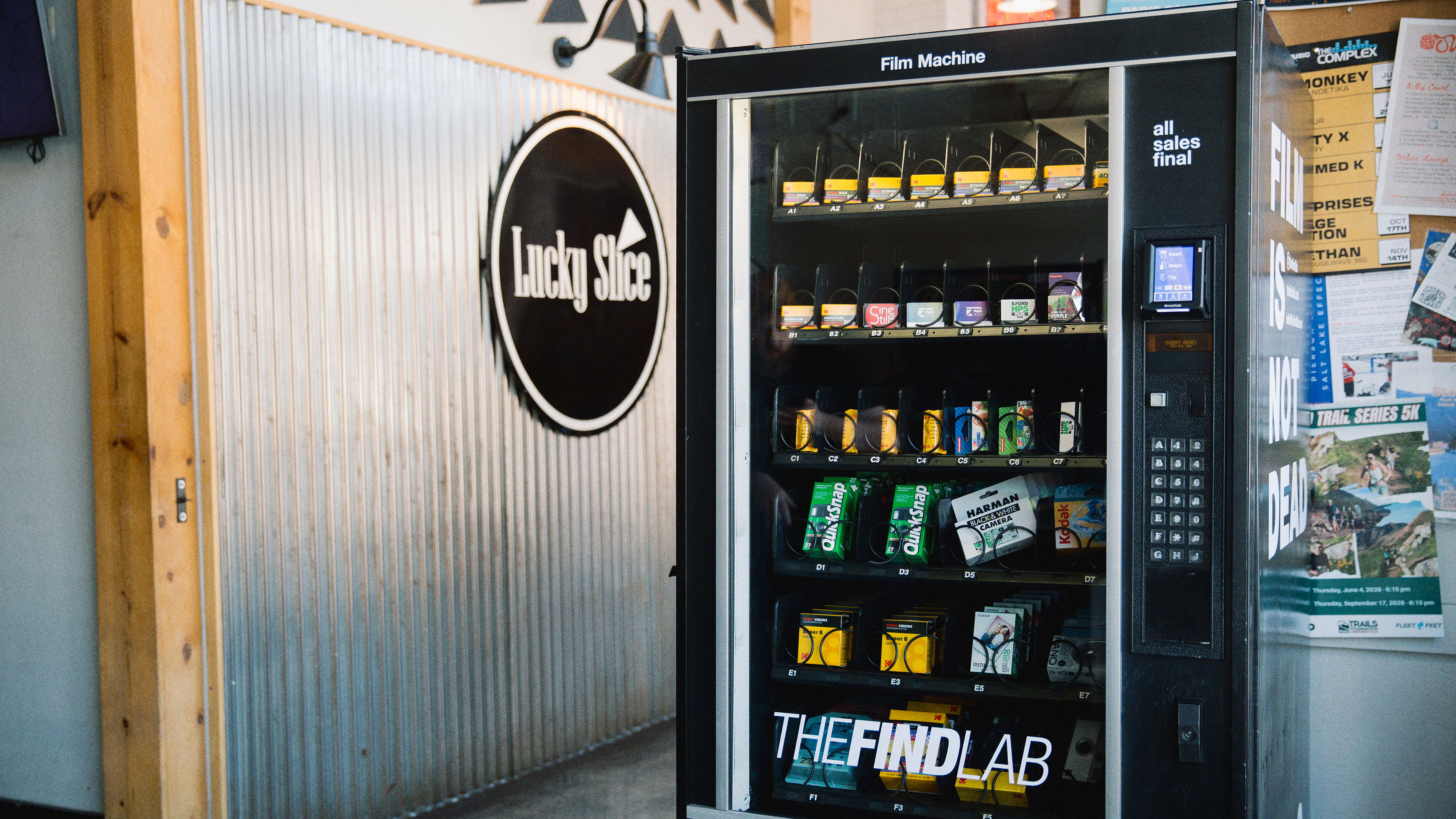 A film vending machine inside a pizza shop in Utah