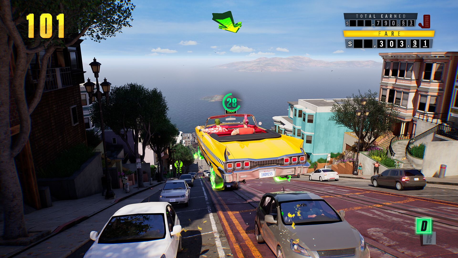 A taxi soars across a road in Crazy Taxi: World Tour