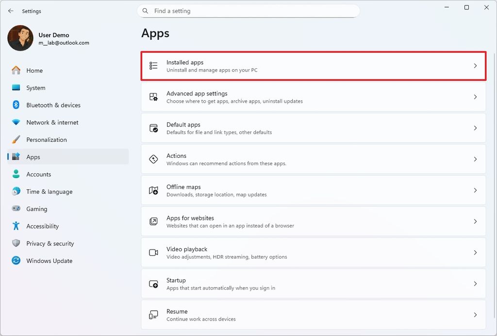 Open Installed apps settings