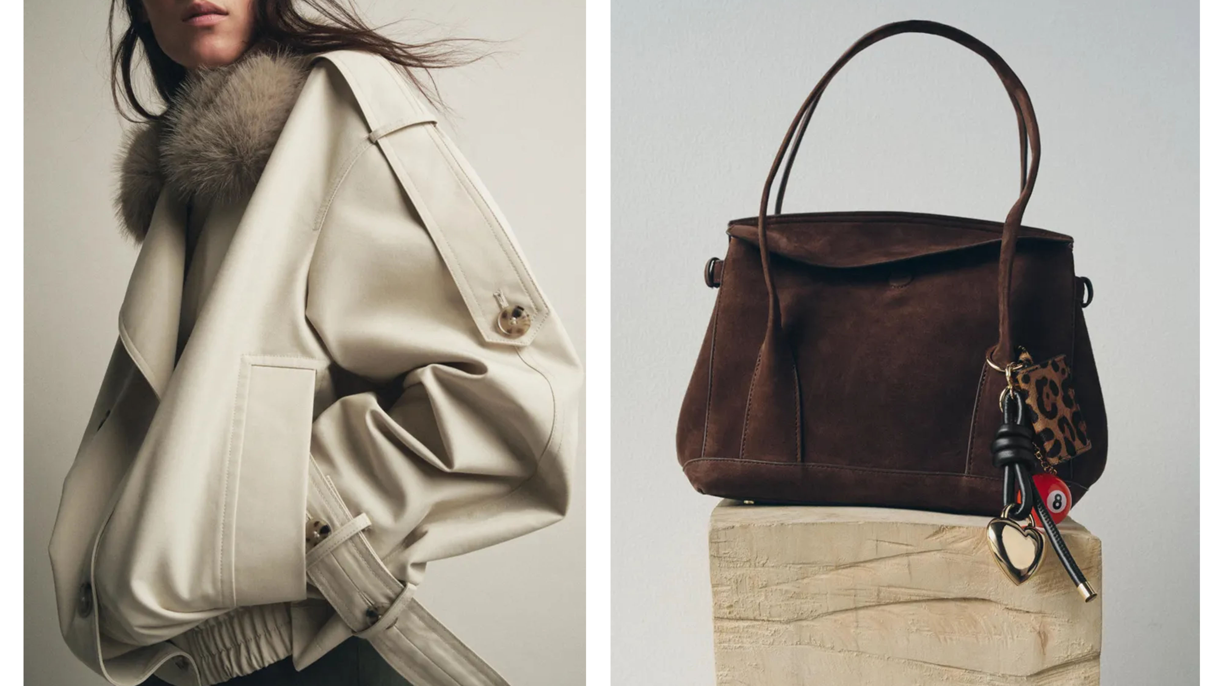 Woman in short trench coat and brown suede bag