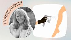 Sienna X founder Nicola Matthews pictured beside an illustration of a leg being spray tanned and banner reading expert advice