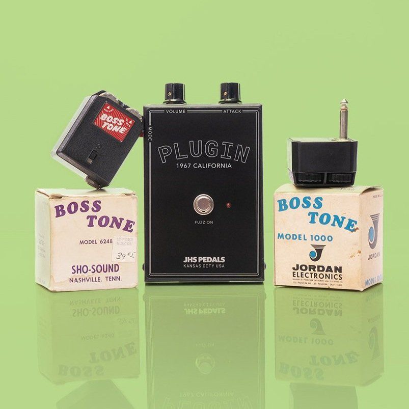 JHS Pedals' Plugin pedal, surrounded on both sides by examples of the Boss Tone