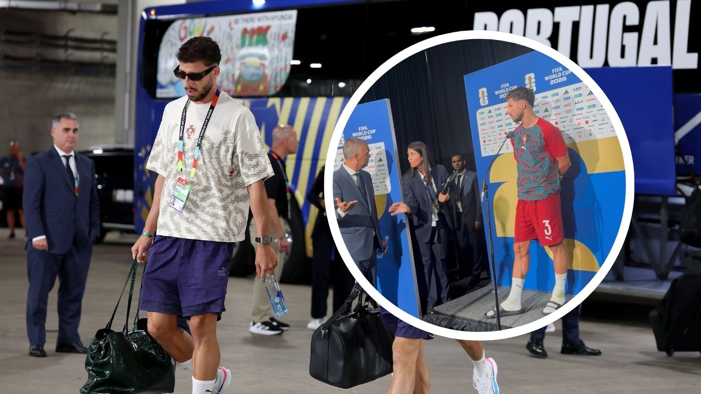 Ruben Dias #3 and Bernardo Silva #10 of Portugal arrive at the stadium before the FIFA World Cup 2026 Round of 16 match between Portugal and Spain at Dallas Stadium on July 06, 2026 in Arlington, Texas.