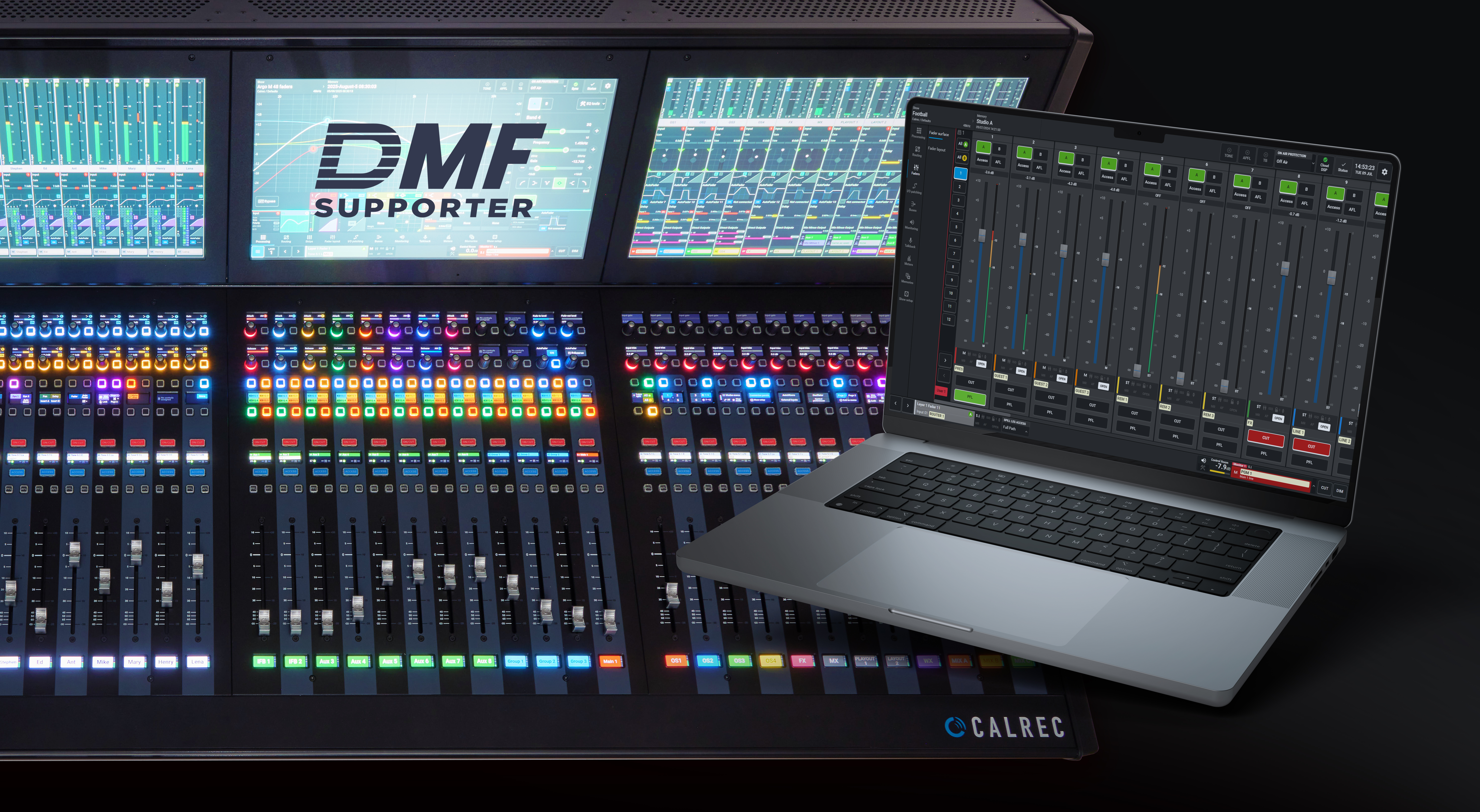Audio console showing a screen saying "DMF Supporter"