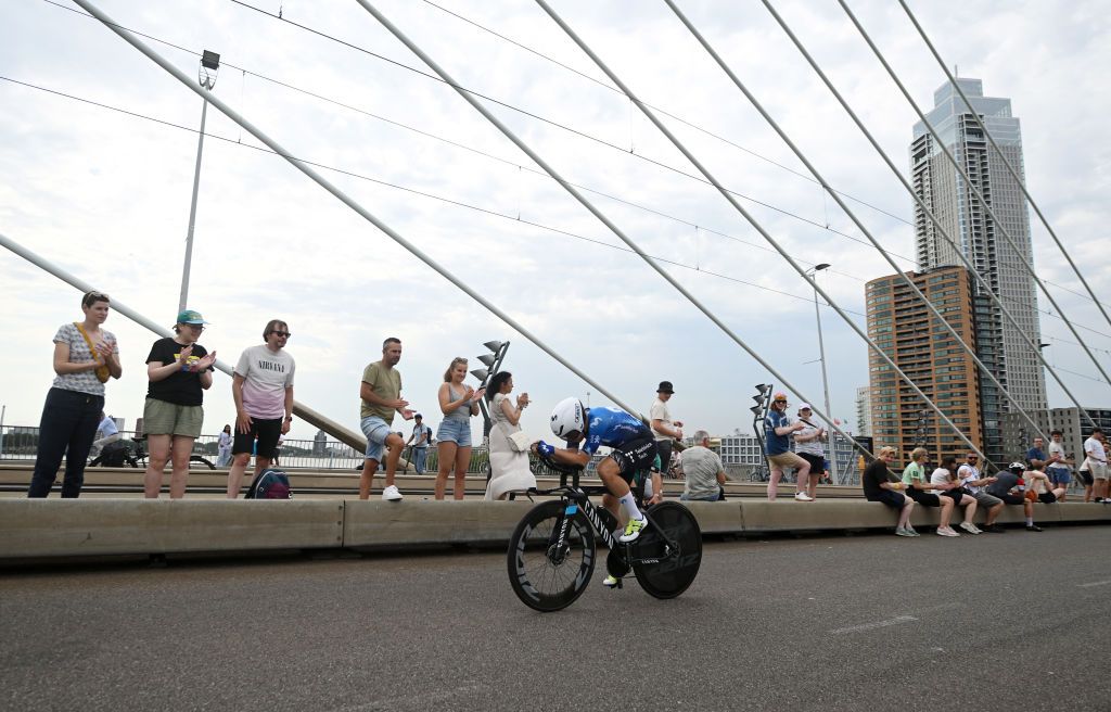 ROTTERDAM NETHERLANDS AUGUST 13 Sheyla Gutierrez of Spain and Movistar Team sprints during the 3rd Tour de France Femmes 2024 Stage 3 a 679km individual time trial stage from Rotterdam to Rotterdam UCIWWT on August 13 2024 in Rotterdam Netherlands Photo by Dario BelingheriGetty Images