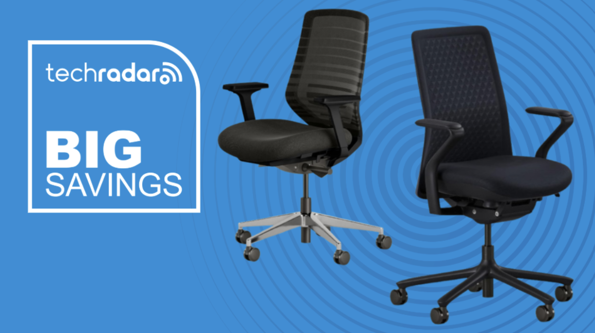 Two Branch office chairs on a blue background next to a TechRadar badge that reads &#039;Big Savings&#039;