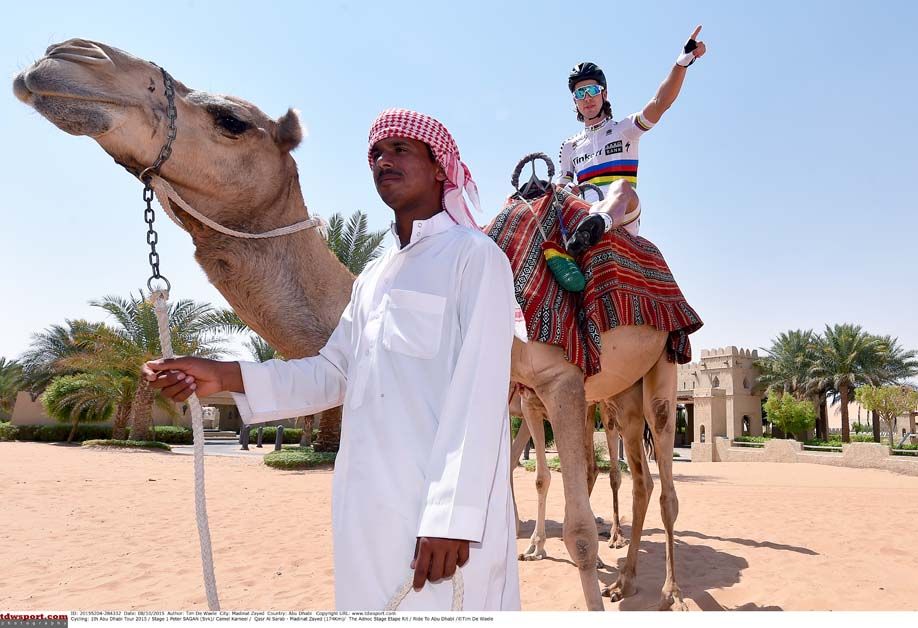 Peter Sagan swaps his bike for a camel
