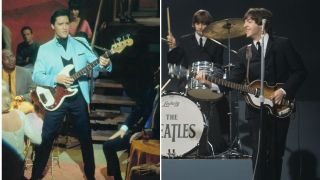 Ringo Starr (playing Ludwig drum kit) and Paul McCartney (playing a Hofner 500/1 violin bass guitar) of English rock and pop group The Beatles perform together on stage during recording of the American Broadcasting Company (ABC) music television show 'Shindig!' at Granville Studios in Fulham, London on 3rd October 1964. The band would play three songs on the show, Kansas City/Hey-Hey-Hey!, I'm a Loser and Boys