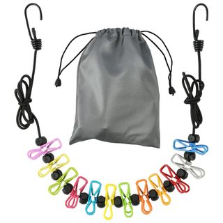 A black clothes line with multicolored metal clips with a grey drawstring bag