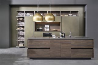 green contemporary kitchen with built in open shelving