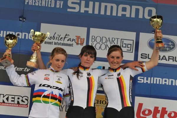 Junior women's cross country World Cup podium in Houffalize, Belgium