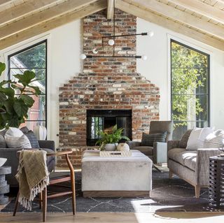 brick full height fireplace in restored farmhouse