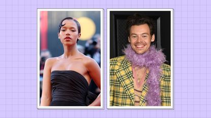 Taylor Russell and Harry Styles, in a purple, two-picture template/ Taylor wears a black dress and Harry wears a yellow checked blazer, with a purple feather boa