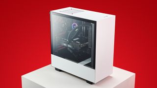 NZXT BLD kit gaming PC on a red background