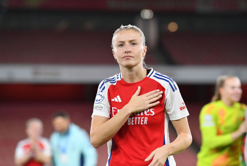 Leah Williamson of Arsenal acknowledges the fans after the team&#039;s victory during the UEFA Women&#039;s Champions League match between Arsenal FC and Valerenga at Emirates Stadium on October 16, 2024 in London, England.