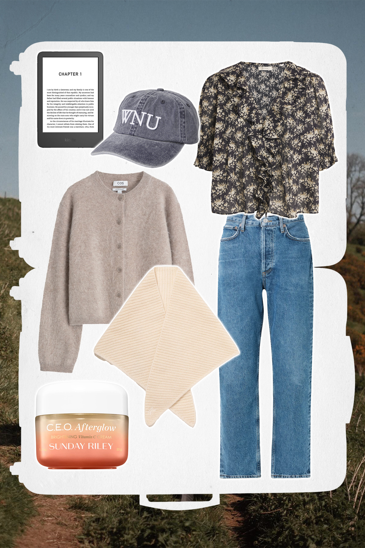 A collage of travel items.