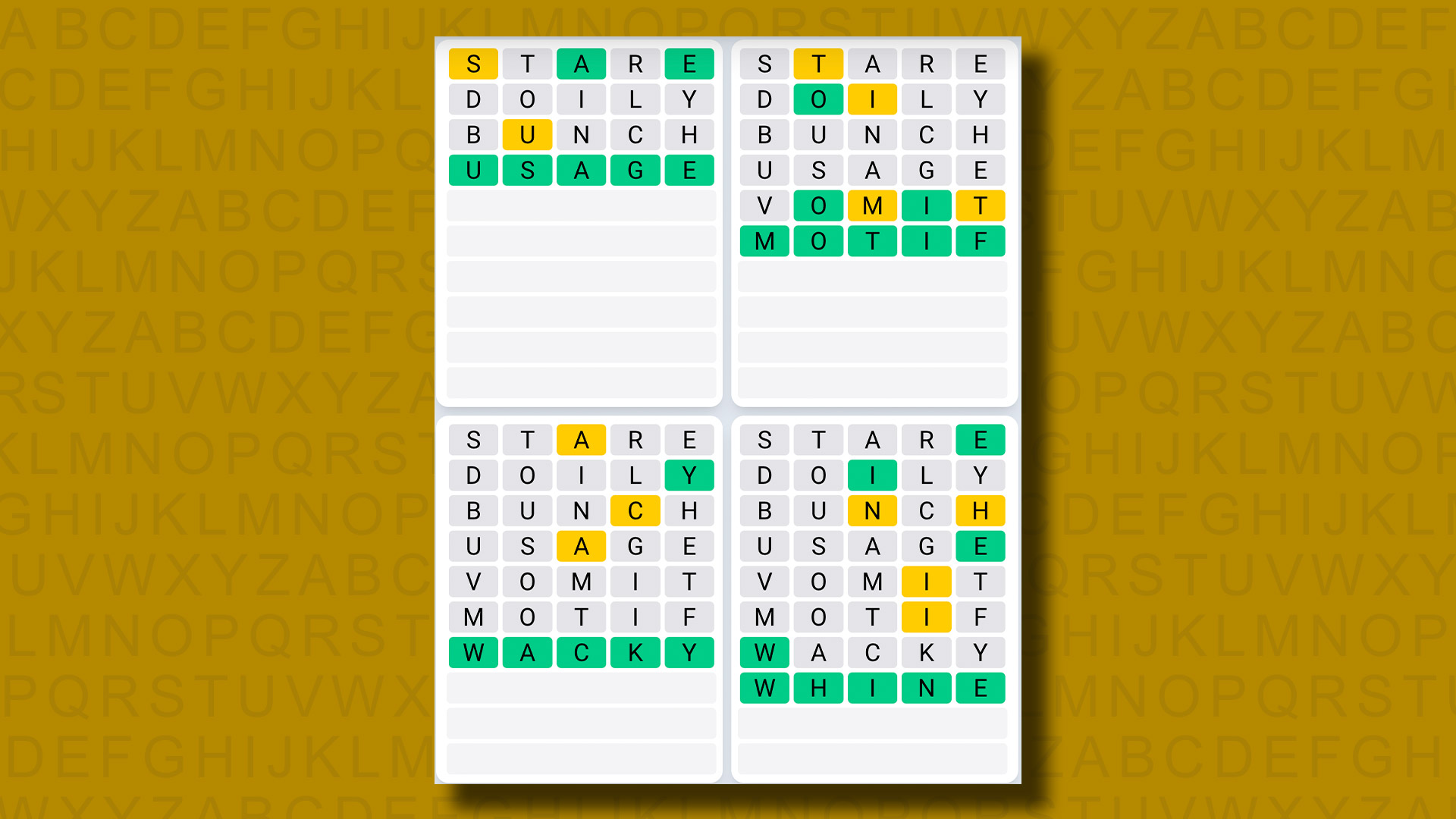 Respuestas del juego Quordle Daily Sequence para el juego 899 sobre un fondo amarillo