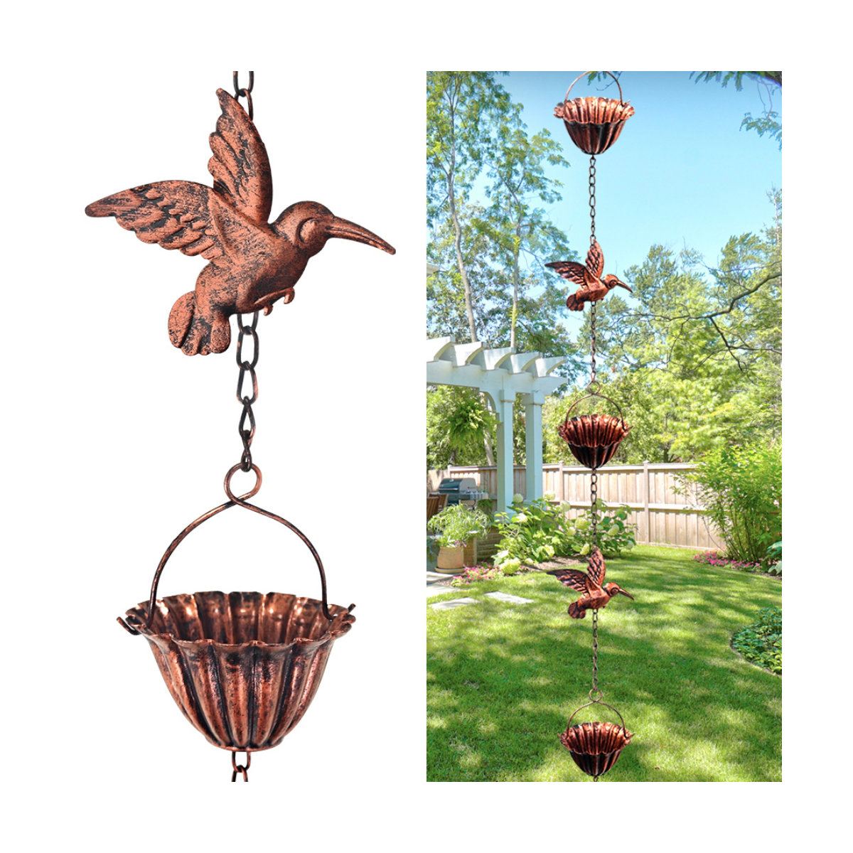 Arlmont &amp;amp; Co. Rain Chains for Gutters Outside, Rain Catcher Chain With Metal Cups &amp;amp; Hummingbird Decor, Adjustable Hanging Rain Hutter Chain Downspout Substitute for Garden Drainage &amp;amp; Eaves | Wayfair