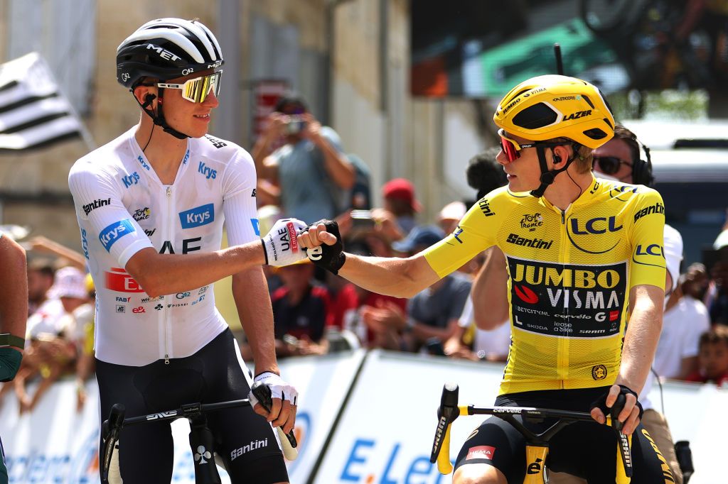 LIBOURNE FRANCE JULY 08 LR Tadej Pogacar of Slovenia and UAE Team Emirates White Best Young Rider Jersey and Jonas Vingegaard of Denmark and Team JumboVisma Yellow Leader Jersey prior to the stage eight of the 110th Tour de France 2023 a 2007km stage from Libourne to Limoges UCIWT on July 08 2023 in Libourne France Photo by Michael SteeleGetty Images