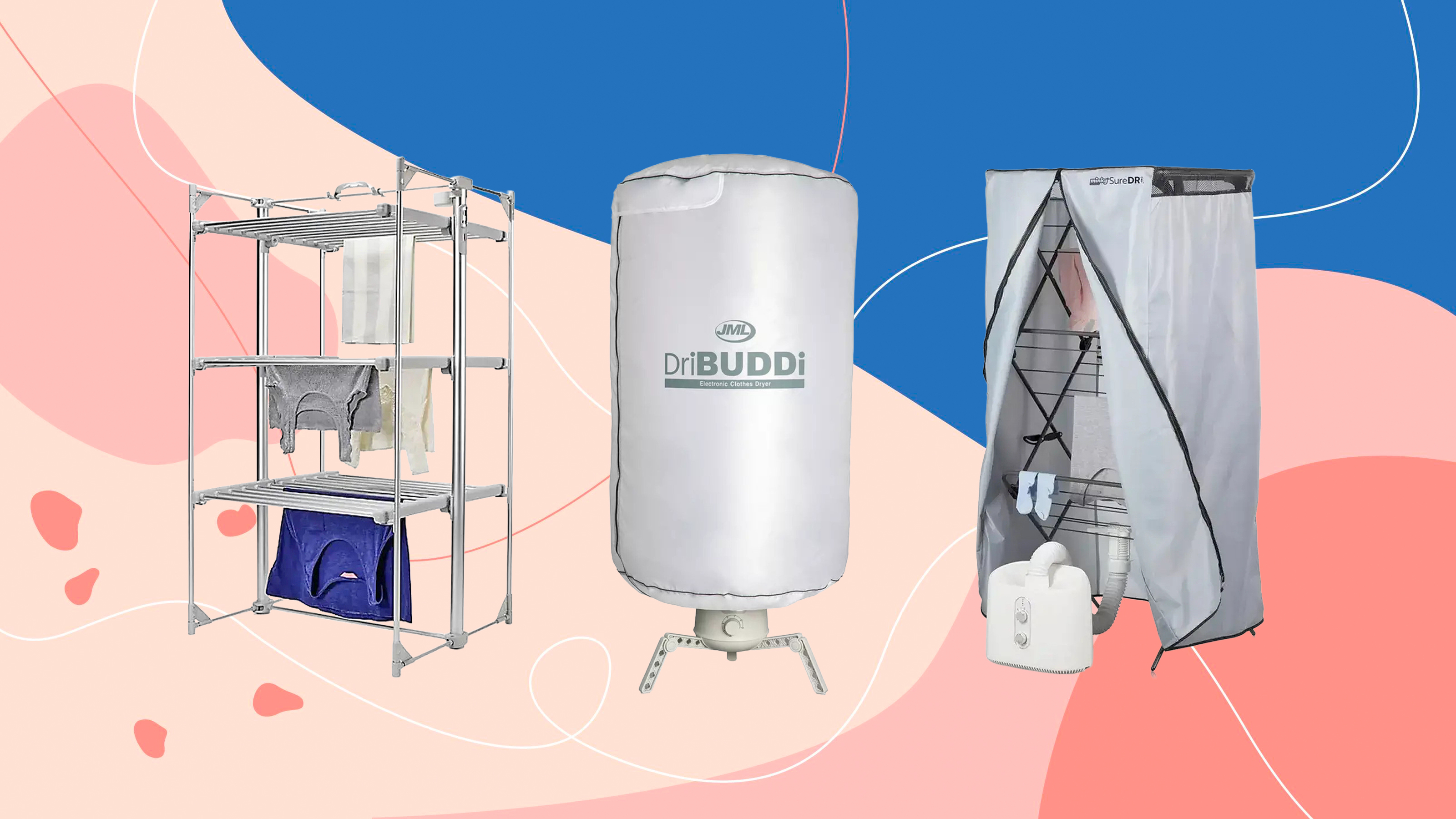 3 of the best heated clothes airers on a pink graphic background