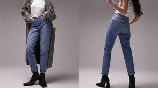 composite of model wearing blue mid wash topshop mom jeans