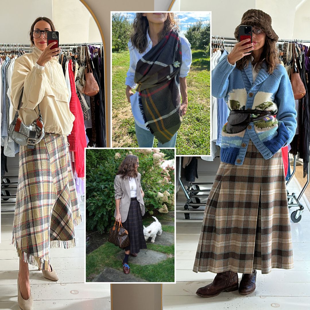 a collage of Larissa Mills wearing plaid