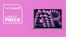 Apple MacBook Air M3 on pink background with lowest price text overlay