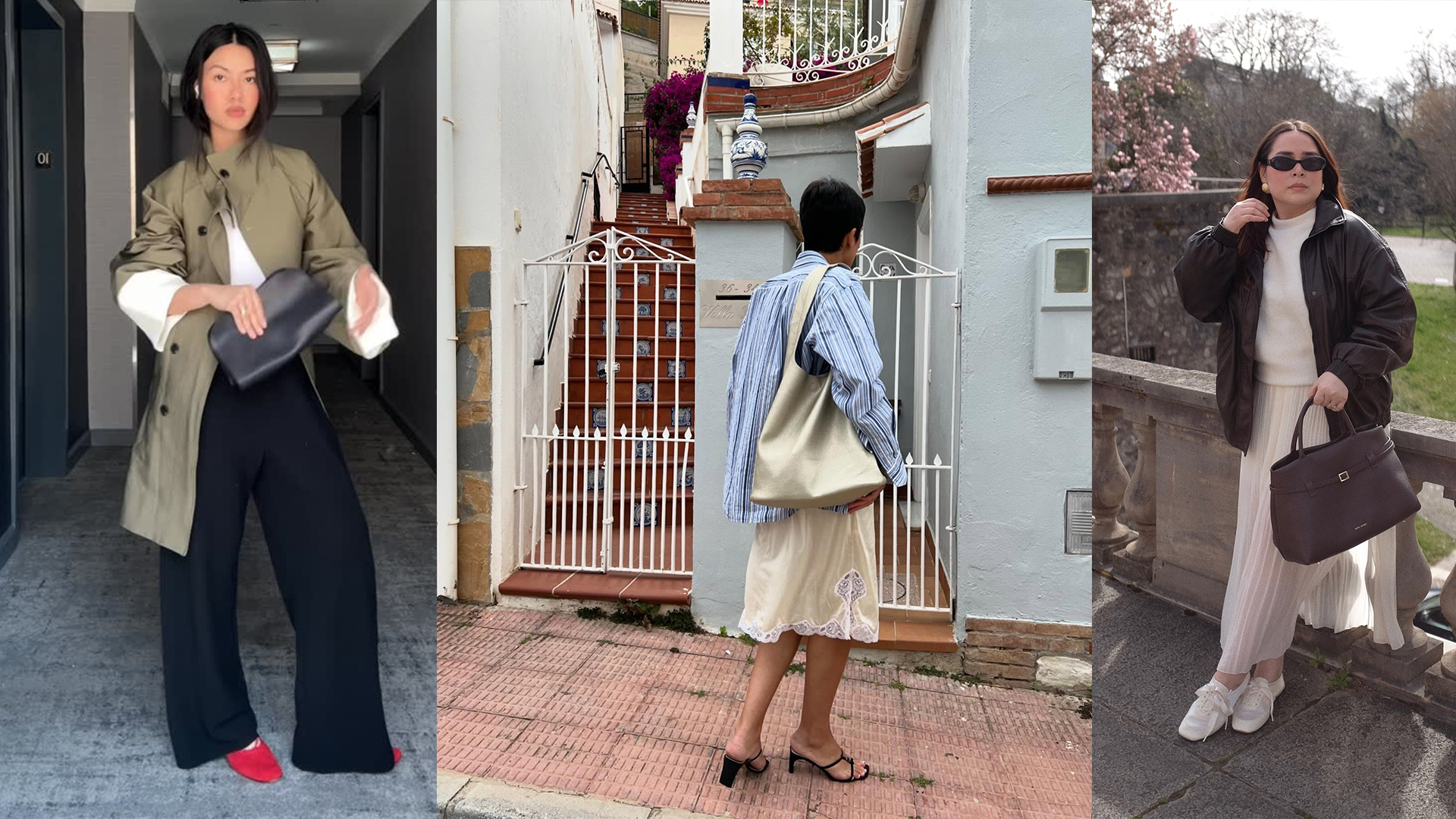 model wears blue button-down and white lace skirt and kitten heels, model wears trench coat and jeans and red flats, &amp; model wears white top and bottoms and white sneakers