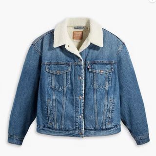 90s sherpa denim trucker with shearling collar in mid blue