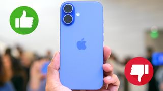 iPhone 16 in ultramarine with thumbs up and thumbs down logos