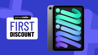 iPad Mini 7 on a blue background with first discount badge